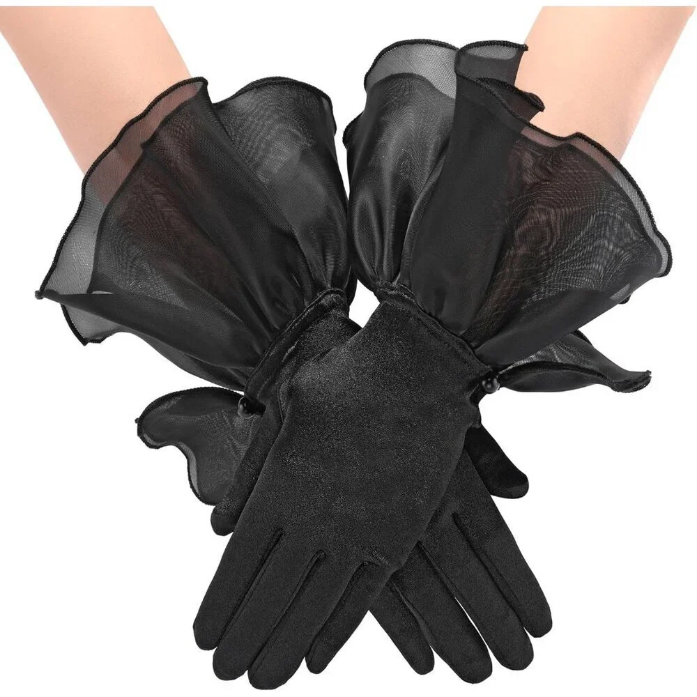 Women's Black Formal Dancing Cosplay Satin Petal Opera Bridal Wedding Gloves